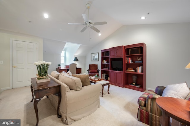living area with a ceiling fan, light colored carpet, recessed lighting, and lofted ceiling