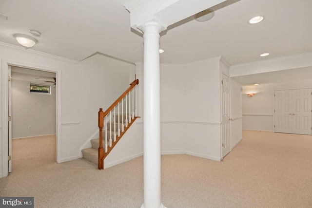 basement with stairway, recessed lighting, carpet, and ornamental molding