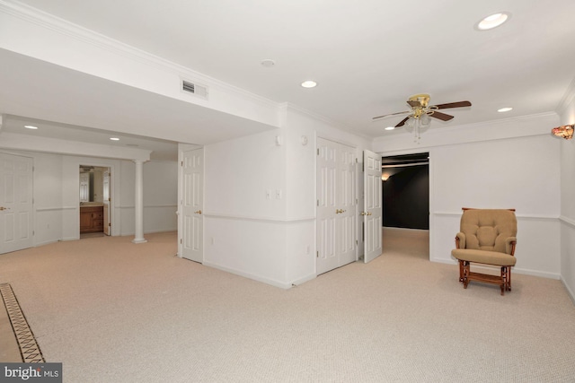 living area featuring recessed lighting, visible vents, light carpet, and crown molding