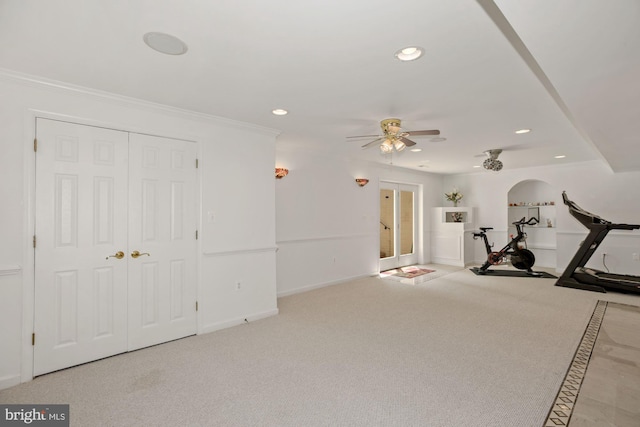 workout area featuring a ceiling fan, recessed lighting, carpet flooring, crown molding, and baseboards