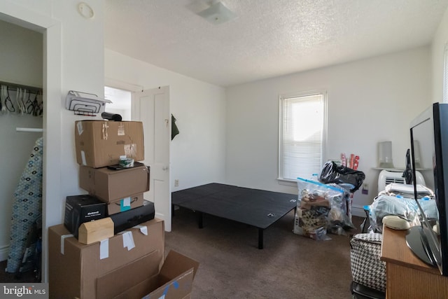 interior space with a textured ceiling and carpet