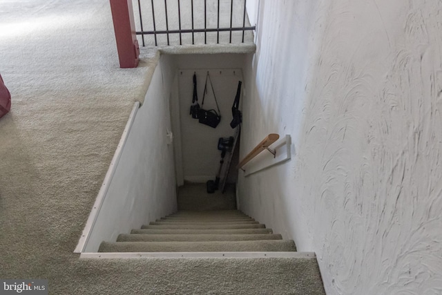 stairway with a textured wall