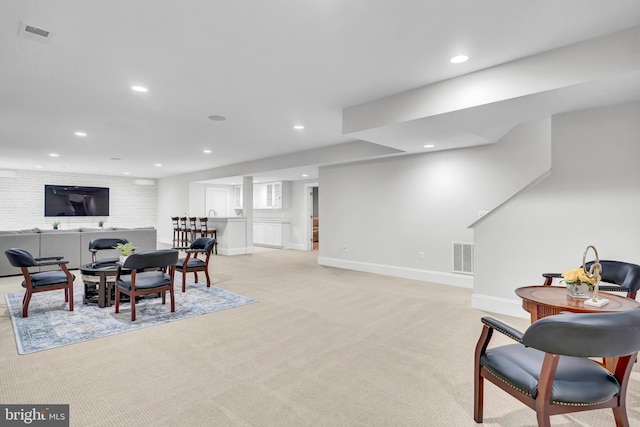 dining area featuring recessed lighting, visible vents, baseboards, and light colored carpet