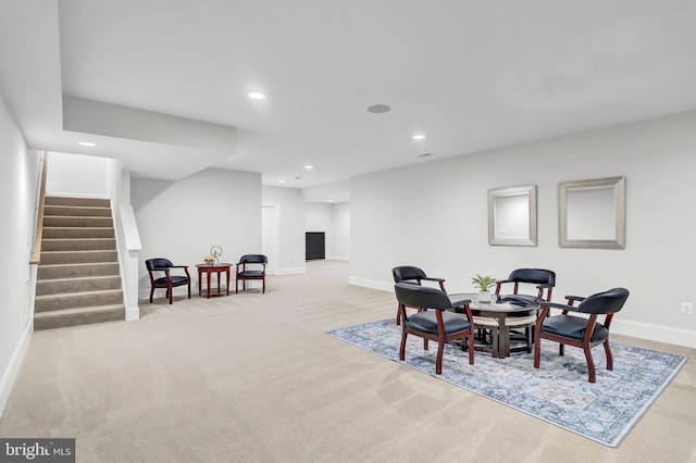 dining area with recessed lighting, stairway, baseboards, and carpet