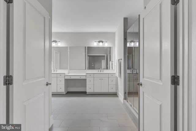 bathroom featuring a stall shower and vanity