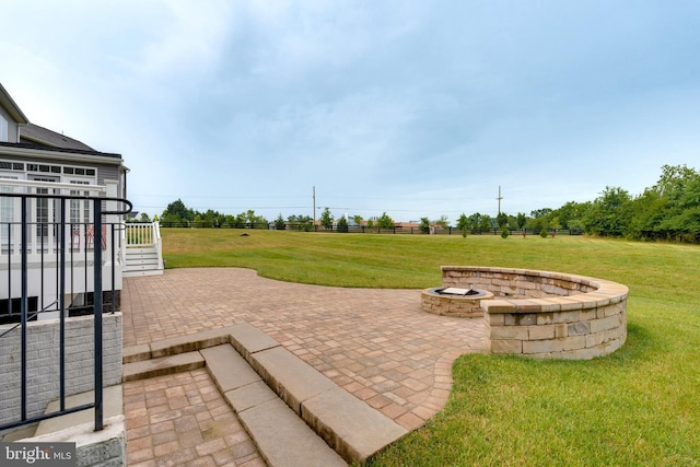 view of patio featuring a fire pit and fence