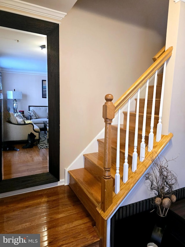 stairs featuring baseboards, wood-type flooring, and ornamental molding