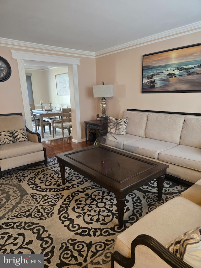 living area featuring wood finished floors and ornamental molding