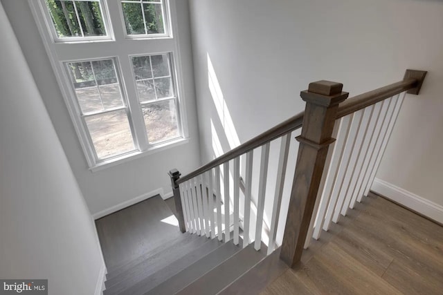 stairs with baseboards, a healthy amount of sunlight, and wood finished floors