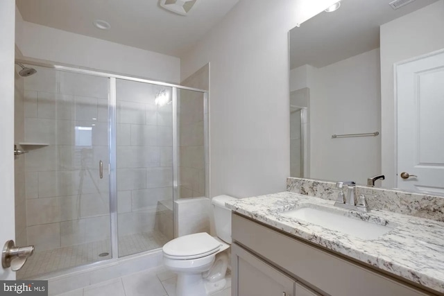 full bath with visible vents, vanity, toilet, and a shower stall