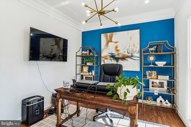 office featuring a chandelier, crown molding, baseboards, and wood finished floors