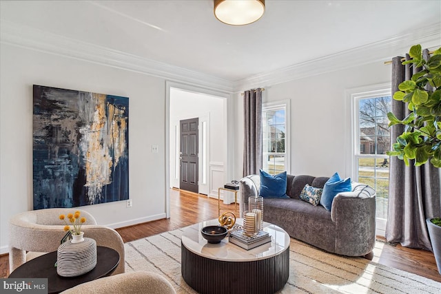 living room featuring baseboards, wood finished floors, and ornamental molding