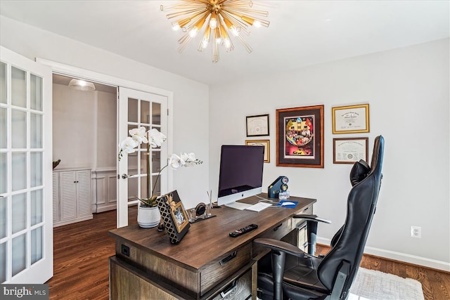 home office featuring a chandelier, french doors, baseboards, and wood finished floors