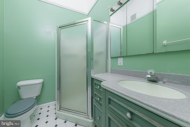 bathroom featuring vanity, visible vents, baseboards, a stall shower, and toilet