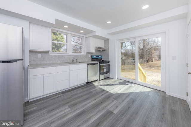 kitchen featuring a healthy amount of sunlight, appliances with stainless steel finishes, white cabinetry, and light countertops