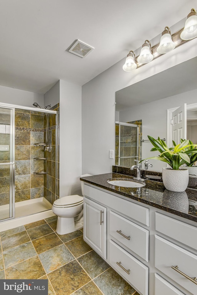 full bathroom with vanity, visible vents, a shower stall, stone finish floor, and toilet