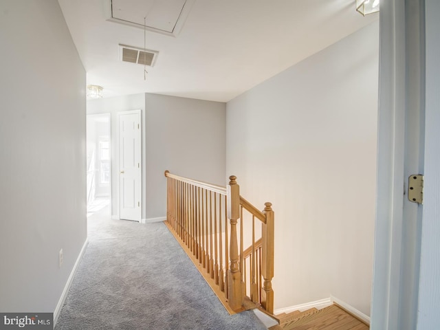 hall featuring visible vents, carpet, baseboards, attic access, and an upstairs landing