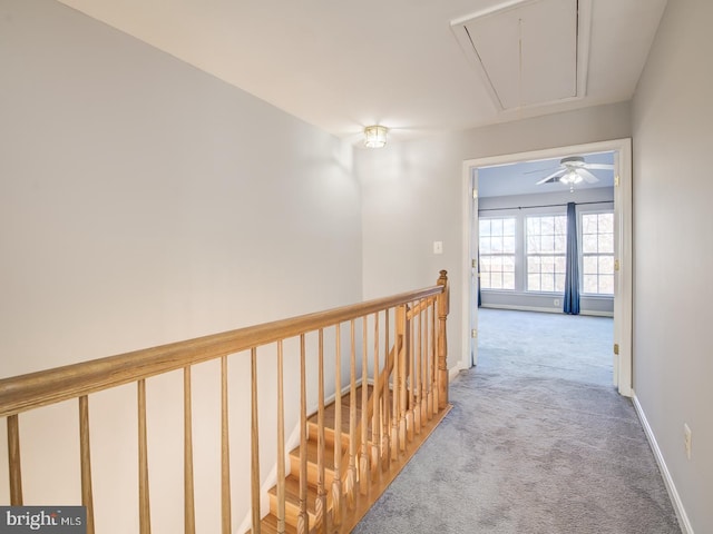 hallway with attic access, an upstairs landing, carpet, and baseboards