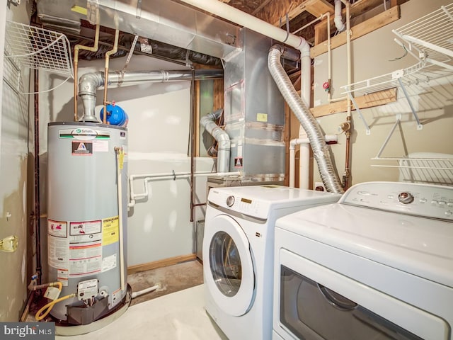 laundry area with water heater, laundry area, and washing machine and clothes dryer