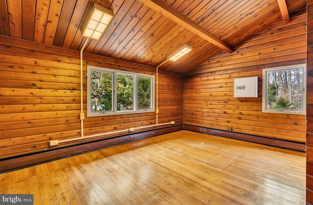 empty room featuring a sauna, vaulted ceiling with beams, wood walls, light wood-type flooring, and wooden ceiling