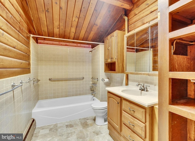 bathroom with wood ceiling, baseboard heating, toilet, and tile walls