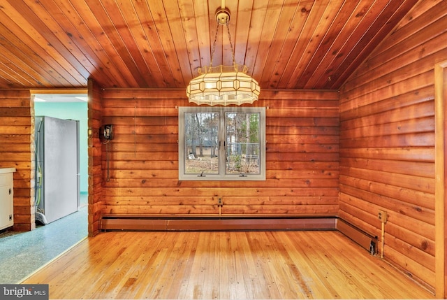 unfurnished dining area featuring lofted ceiling, wooden ceiling, and hardwood / wood-style flooring