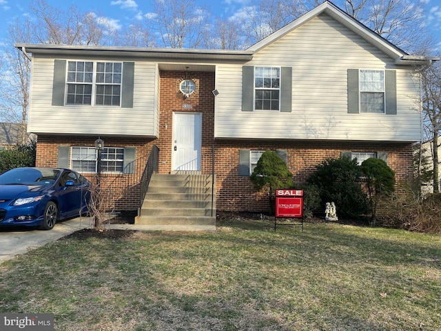 raised ranch featuring a front yard and brick siding