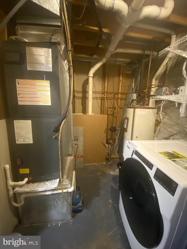 utilities with heating unit, water heater, and washer / clothes dryer