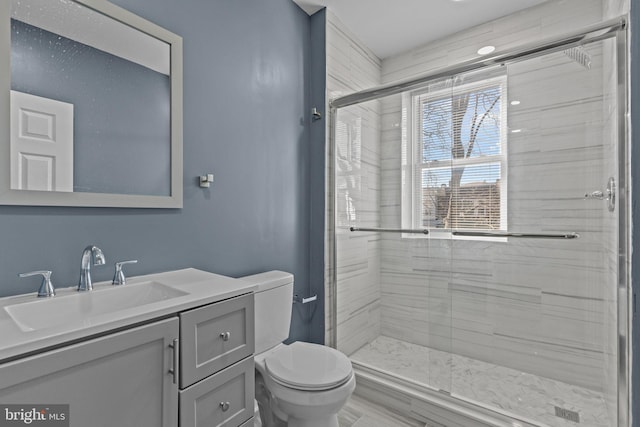 bathroom with a shower stall, toilet, and vanity