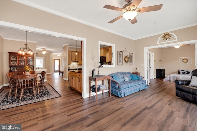 living room with dark wood finished floors, ceiling fan with notable chandelier, and ornamental molding