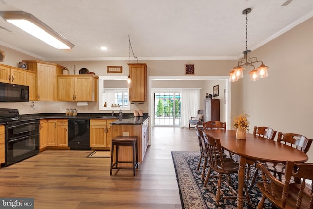 kitchen featuring black appliances, wood finished floors, dark countertops, and a sink