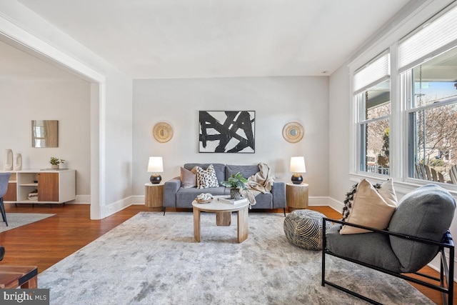 living room with baseboards and wood finished floors