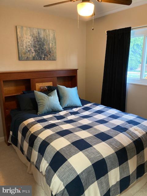 bedroom with carpet and a ceiling fan