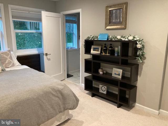 bedroom featuring light colored carpet, baseboards, and multiple windows