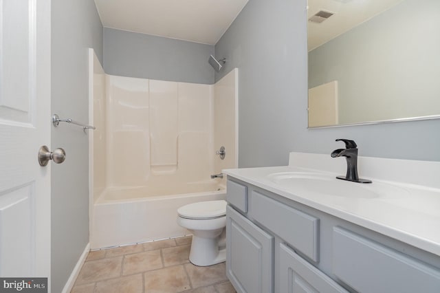 full bath featuring visible vents, toilet, tile patterned flooring, shower / bath combination, and vanity