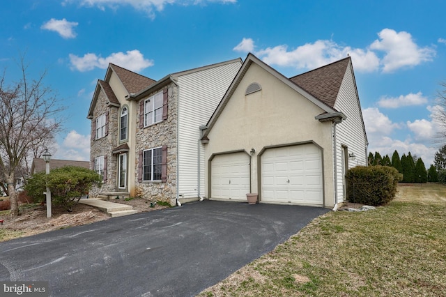 view of home's exterior featuring a shingled roof, aphalt driveway, stucco siding, stone siding, and an attached garage