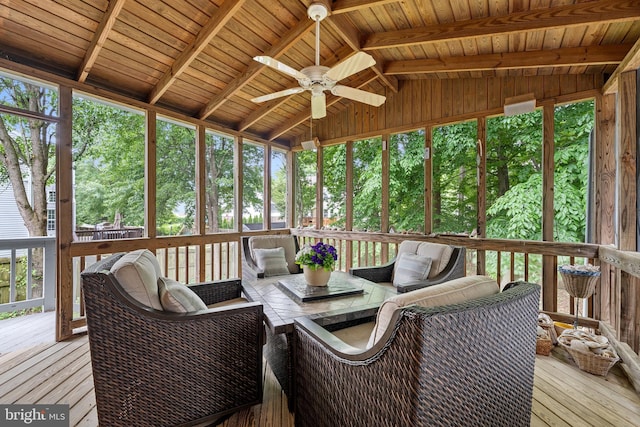 sunroom / solarium featuring lofted ceiling with beams, a ceiling fan, and wooden ceiling