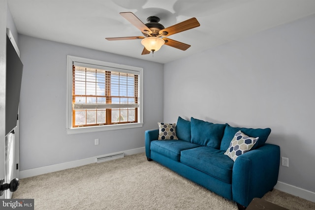 interior space featuring a ceiling fan, carpet flooring, baseboards, and visible vents