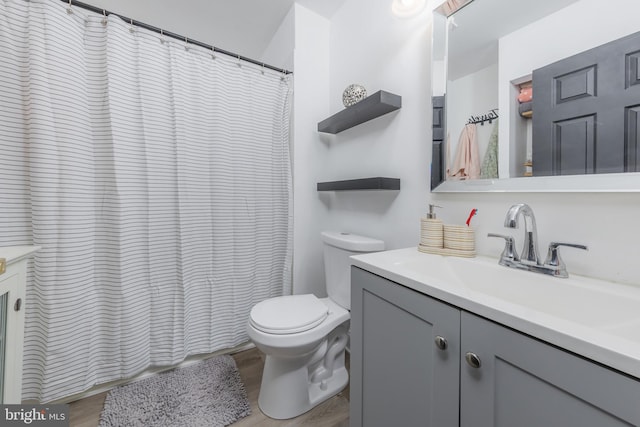 bathroom with vanity, wood finished floors, toilet, and a shower with curtain