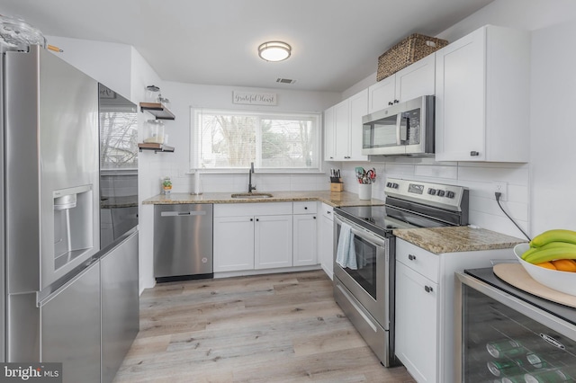 kitchen featuring decorative backsplash, white cabinets, appliances with stainless steel finishes, and a sink