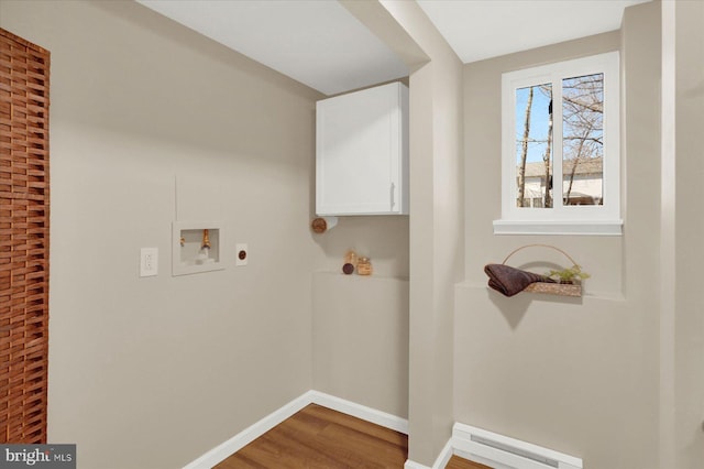 washroom with baseboards, laundry area, hookup for a washing machine, wood finished floors, and hookup for an electric dryer