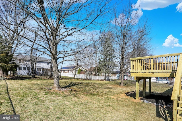 view of yard with fence and a wooden deck