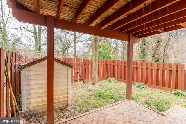 view of yard with a patio, an outdoor structure, a fenced backyard, and a shed