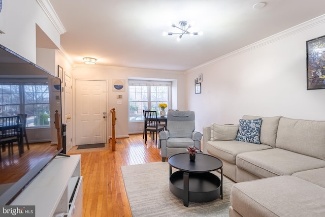 living area featuring light wood-type flooring, an inviting chandelier, and crown molding