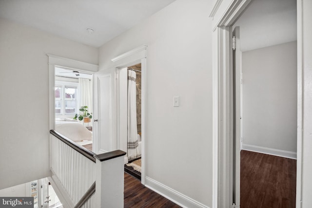 hallway with baseboards and dark wood-style flooring