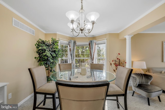 dining room with visible vents, baseboards, ornamental molding, light carpet, and a notable chandelier