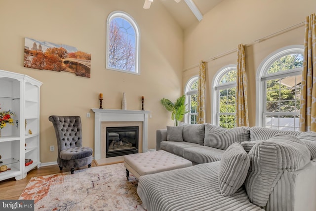 living room featuring a glass covered fireplace, high vaulted ceiling, wood finished floors, and ceiling fan