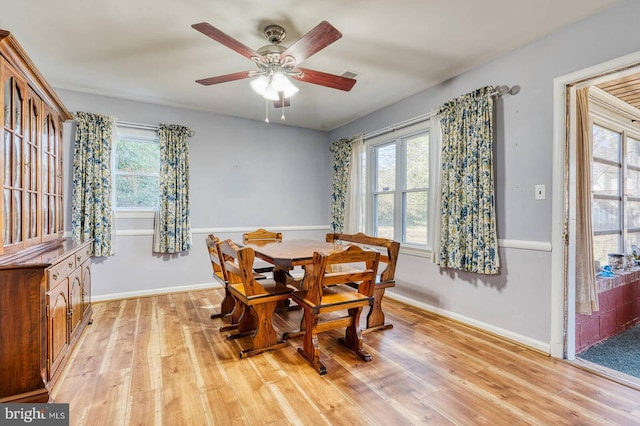 dining room featuring visible vents, baseboards, light wood-style flooring, and a ceiling fan