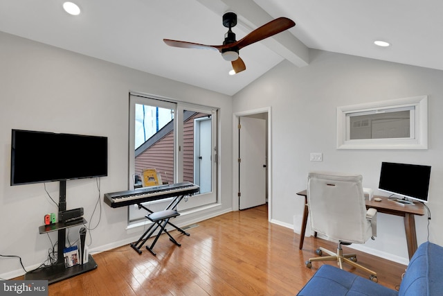 office area featuring lofted ceiling with beams, baseboards, wood-type flooring, and ceiling fan