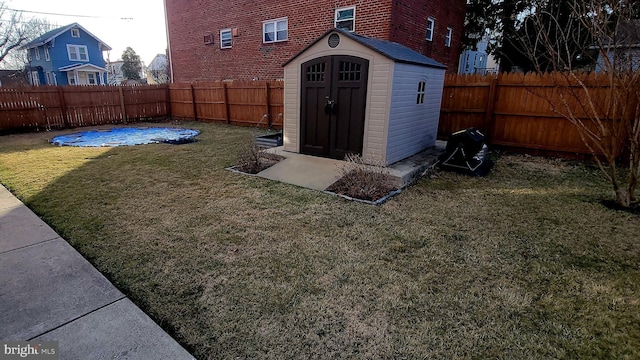 view of shed with a fenced backyard